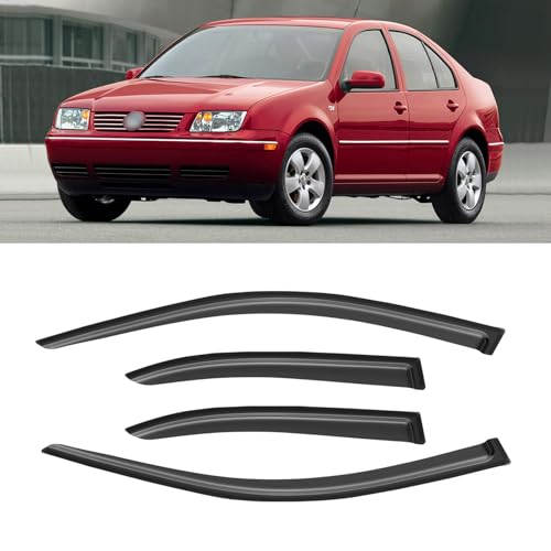 Image of Window Visor for 1999-2005 Volkswagen VW Jetta, Out-Channel Rain Guards Shields Vent Deflector Shade Wind Dark Smoke 2000 2001 2002 2003 2004, Tape-On Outside-Mount, 4PCS