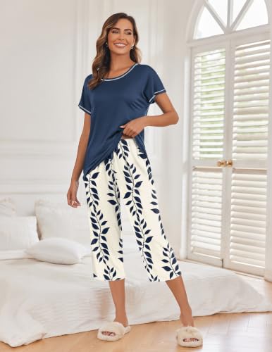 Image of Ekouaer Womens Capri Pajama Sets Print Short Sleeve Sleepwear Top and Pants