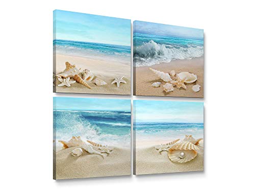 Niwo ART - Seashell Starfish on Beach, Modern Seascape Canvas Wall Art, Contemporary Home Decor, Gallery Wrapped, Stretched, Framed Ready to Hang (12"x12"x3/4")