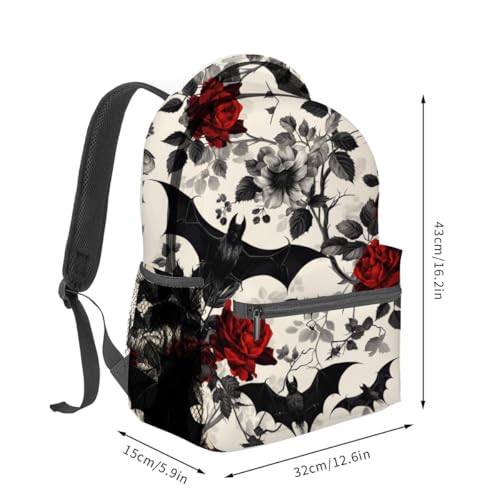 Bat and Rose Pattern Backpack Travel Backpacks Laptop Rucksack,School Bookbag for Women Kids Boys Girls,Gothic Floral Back Pack Accessories Bags,Ideal Gifts for Work, Outdoor Adventures2