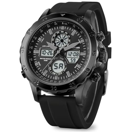 Image of PINDOWS Watch for Men Big Dial Analog Digital Black Silicone Sport Multifunction Luminous LED Dial Waterproof Watches Fashion Wristwatches