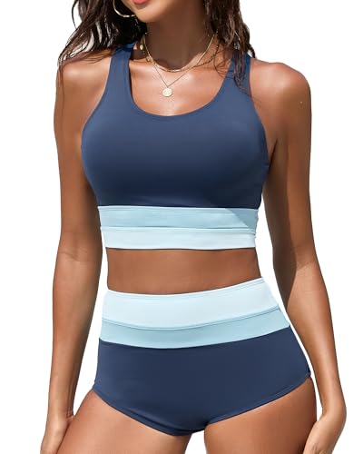 Dipinon Women's High Waisted Bikini Sets Two Piece Swimsuit Bathing Suits Sporty Athletic Scoop Neck Swimwear (M) Navy/Blue/White