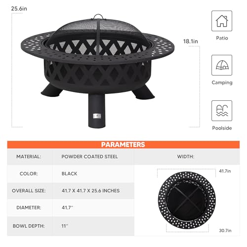 Image of SUNCREAT 42 inch Large Outside Fire Pit, Round Fire Pit Wood Burning with Widened Tabletop, Spark Screen, Fire Poker, Phombus Pattern