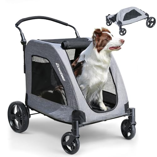 EchoSmile Hundewagen für Mittelgroße und Große Hunde bis 70kg, Faltbar Hundebuggy mit Netzfenstern, Verstellbarem Griff & 4 Geländegängige Räde, Grau
