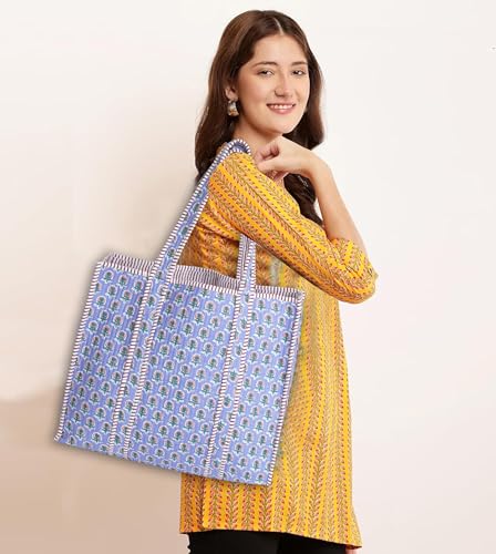 Image of Cotton Tiger Block Print Tote Bag, Indian Handmade Shopping Shoulder Bag, Unisex Market Daily Use