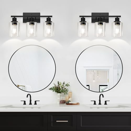 Image of MOKATNG 3-Light Bathroom Light Fixtures, Vanity Light with Clear Glass Shades, Matte Black Bathroom Light Fixtures Over Mirror, Modern Bathroom Wall Lamp for Mirror Living Room Cabinet Bedroom