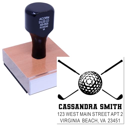 Image of Golf Crossed Clubs Wood Handle Rubber Stamp Made to Order - Monogram Stamp | Golf Player Stamp. Wood Mounted Stamp. Any standard pad works. Up to 50 characters per line. 3 lines of custom text.