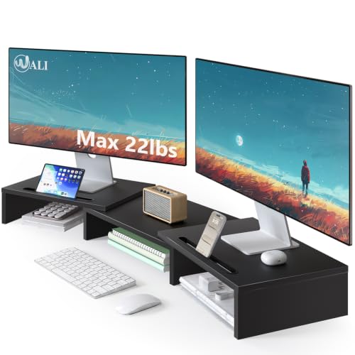 Image of WALI Extra Long Wooden Dual Monitor Stand Riser with 2 Slots, up to 22lbs | Underneath Storage, Adjustable Length & Angle, Multi-Purpose Desktop Organizer Desk Shelf for Home Office PC, Laptop, Printer