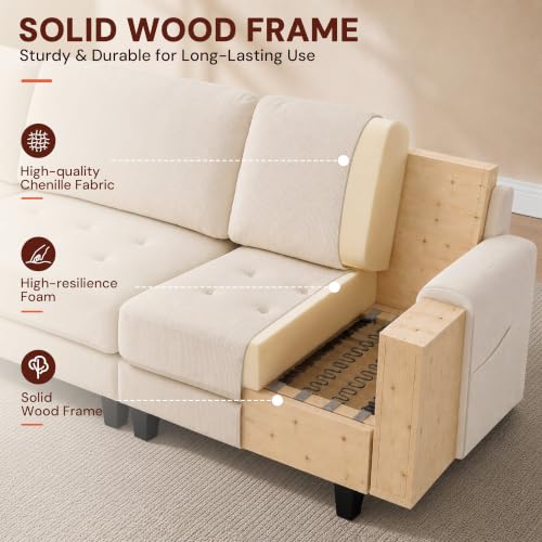 Korser 103" Modular L Shaped Sectional Sofa with Movable Ottoman, 4-Seat Chenille Deep Seat Sofa, Convertible Cloud Couch for Living Room, Bedroom and Apartment, Beige - Image 3