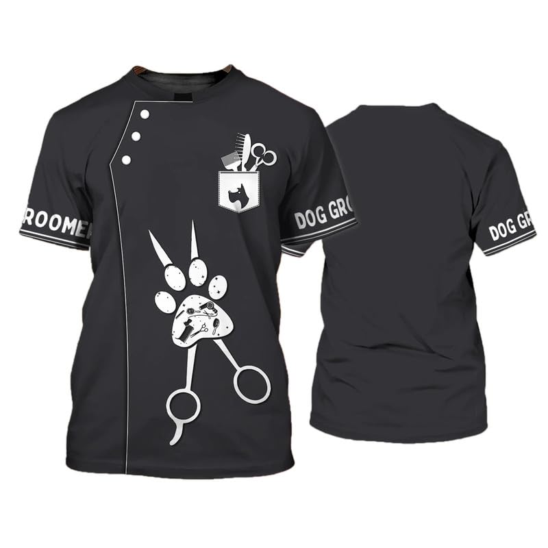 oneforus Unisex Dog Grooming Casual Workwear T Shirt Novelty Graphic 3D Printing Pet Groomer Uniform Short Sleeve Tops(No Zipper/Buttons)