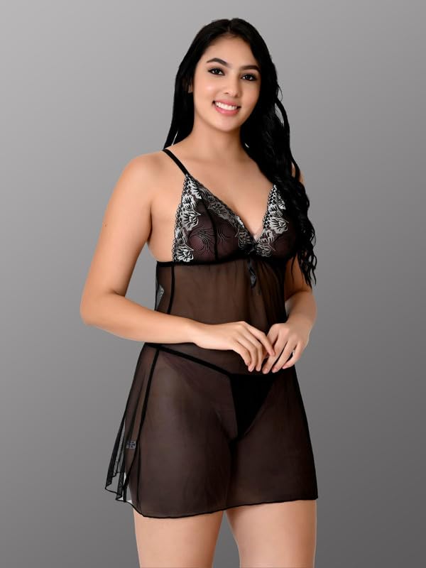 Image of Women Satin Lace Solid Print Babydoll Lingerie Honeymoon Nighty.