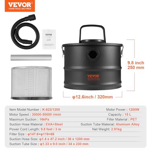 VEVOR Aspirador de Cenizas, 15 L, Potente Succión de 1200 W, con Succión Inversa, Cable de Alimentación de 3 m, 16 kPa de Aspiración Máxima, para Chimeneas, Estufas de Pellets, 320 x 315 x 250 mm - imagen 7