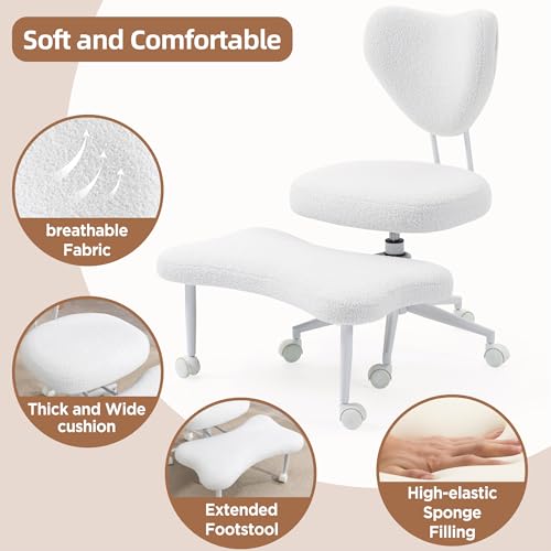 Image of Ergonomic Cross Legged Office Chair with Wheels, ADHD Chair for Adults, Meditation Chair, Yoga Office Chair, Comfortable Back Support, Height Adjustable,Small Spaces,Teddy Fleece-Beige