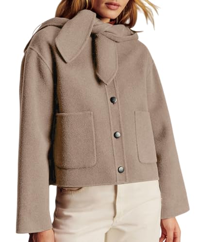 Image of TITOMD Women Cropped Pea Coat Long Sleeve Button Down Short Wool Peacoat Jacket with Hoodie Outerwear Khaki-S