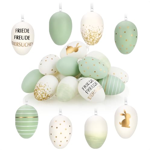 com-four® 16x Uova di Pasqua da appendere - sobria decorazione da appendere in plastica in splendidi colori - Decorazione pasquale per il bouquet di Pasqua con (16 pezzi - bianco/verde/color oro)