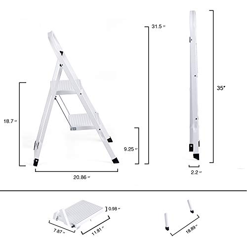 Delxo 2 Step Ladder Folding Step Stool Ladder with Handgrip Anti-Slip Sturdy and Wide Pedal Multi-Use for Household and Office Portable Step Stool Steel 300lbs White (2 feet)