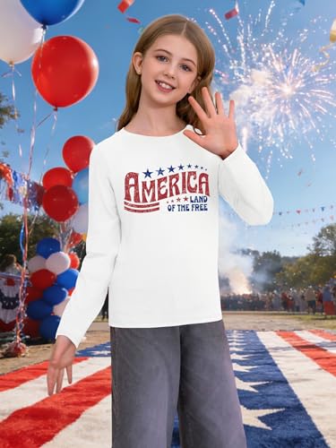 Image of Ithalt 4th of July Outfit Kids Girls American T Shirt USA T-Shirt Fourth of July Tops Patriotic Long Sleeve Tops