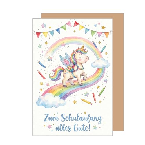 Edition Seidel Premium Glückwunschkarte zur Einschulung mit Umschlag. Einschulungskarte Karte Schulanfang Klappkarte Spruch Schulkind Mädchen 1. Klasse Schuleinführung Einhorn bunt (ES199 SW026)