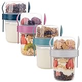 BUATİLO On The Go Cereal Yogurt Cups with Lids and Spoon, Overnight Oats Container, Reusable Parfait Plastic Milk Jar Breakfast Crunch (4 Pcs Mix Colors)