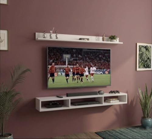 Image of Bros Moon Wall Mounted TV Cabinet, Frosty White, Laminated Finish, for Living Room, Suits TV up to 40 Inches (Frosty White, Parallel Roof Top 32 Inches)