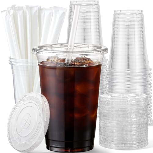 AOZITA 16 oz Plastic Cups with Lids and Straws 50 Pack Disposable Iced Coffee Cups with Lids Clear Cups with Lids for Cold Drinks Iced Tea Milkshakes Smoothies - Durable & BPA Free