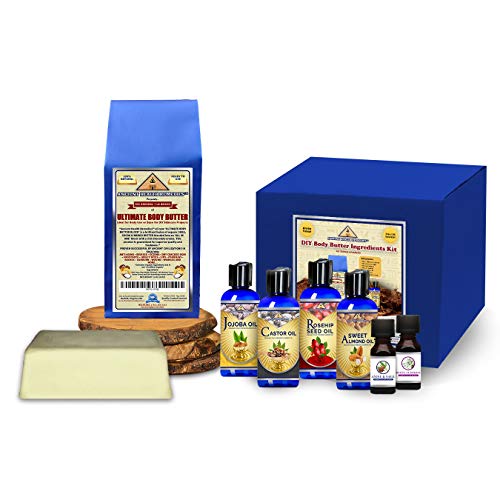 DIY BODY BUTTER INGREDIENTS KIT 1 lb Organic Shea, Cocoa, Mango, 4 oz Castor, Jojoba, Sweet Almond, Rose Hip Seed Carrier Oils with 1 oz Essential Oil (Feminine/Masculine Scent) included. For All Body, Hair, Healing, Massage Products or Soap Making S