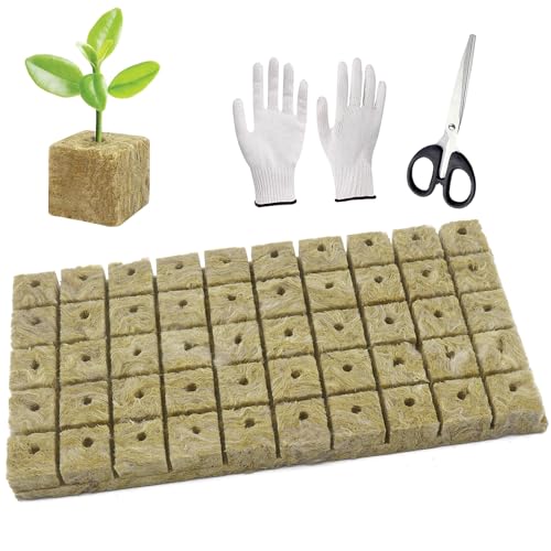 WANYI 50 Stück Steinwolle Anzucht Rockwool Cube Steinwolle Dämmung Steinwolle Grow Anzucht Anzuchtmatte mit Schere Handschuhe für Bodenlos Anbau Hydrokultur Umpflanzen