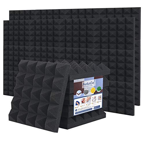 AutoGo 吸音材 壁 ウレタンフォーム 【改善版魔法両面テープ付き・超強力】防音 吸音 ウレタン スポンジ 防音材 高密度 25CM×25CM×5CM 断熱・難燃・騒音防止・緩衝材・室内装飾 【高密度厚さ5CM, 24枚, ブラック,ピラミッド型】