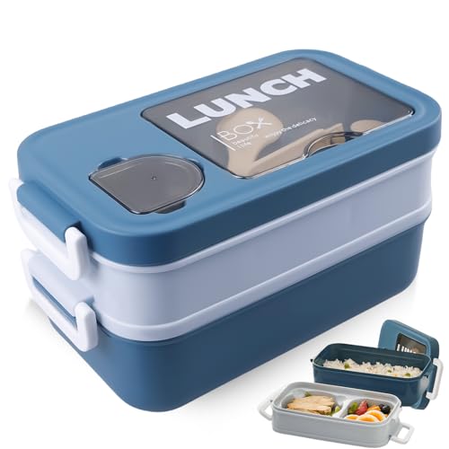 GOMETY Fiambrera con compartimentos, 1400 ml, para adultos, con compartimento a prueba de fugas, 2 capas, apilable, apta para microondas, sin BPA, para escuela, pícnic, oficina, color azul