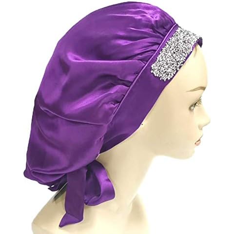 IMPRINTS BY MAU Large Size Soft Silk Bling Bonnet Sleep Cap, 55cm, Satin Smooth Rhinestone Night Hat with Wide Comfort Band, Prevents Hair Damage and Frizz (Purple) Cover
