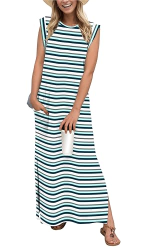 Image of GRECERELLE 2026 Women Year-Round Casual Round Neck Loose Split Wrinkle-Free Long Maxi Vacation Dress with Pockets (XXS-4XL)