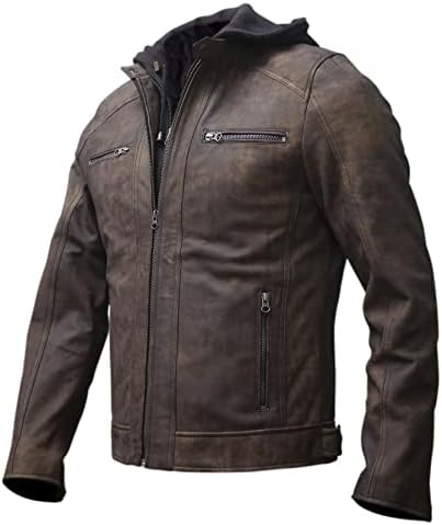 Artistry Mens Genuine Lambskin Leather Motorcycle Jacket with Removable Hood in Black Brown (Small, Snuff Brown)