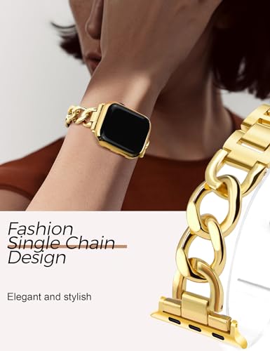 Image of JR.DM Gold Watch Bands for Women Compatible with Apple Watch 46mm 42mm(S3 /2 /1) 44mm 45mm 49mm Adjustable Metal Cowboy Single Chain Bracelet for iWatch Series 11 /10 /9 /8 /7 /6 /5 /4 SE 3 /2 /1 Ultra (No Case)