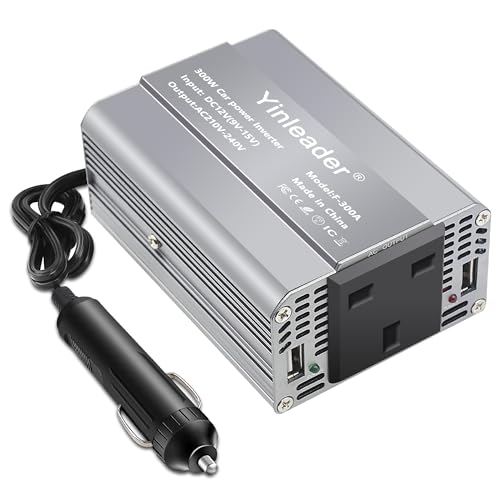 Yinleader Power Inverter 150W /300W DC 12V to 240V AC 1 UK Socket 2 USB Ports with Cigarette Lighter - Gray