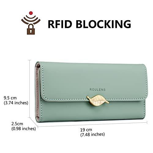 Roulens Wallet For Women Rfid Blocking Pu Leather Leaf Pendant Card Holder Phone Checkbook Organizer Zipper Coin Purse #TOP1