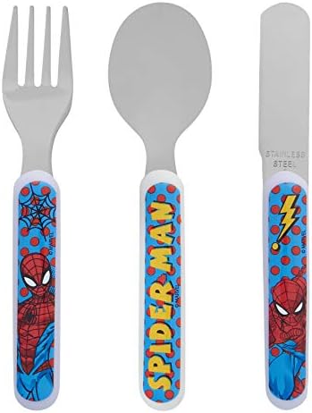 Marvel Spider-Man 3 Piece Metal, Reusable Children's Knife, Fork & Spoon, Kids-Size, Made from Food-Safe Stainless Steel & ABS Plastic Superhero Cutlery Set for 12 Months & Up