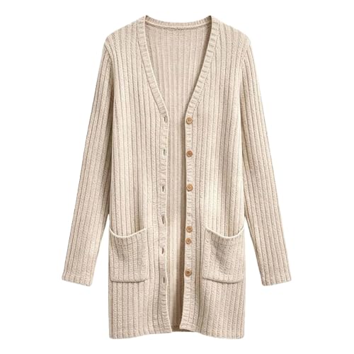 AIMAOMI Girls Long Cardigan Button Down Ribbed Knit Sweater Coat Beige 13-14 Years - image 3
