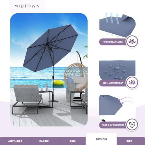 Image of Midtown Umbrellas - 10-Year-No-Fade 6 Ft Patio Umbrella with Terylast Fabric, Auto-Tilt Aluminum Frame and 8 Reinforced Ribs for Deck, Pool, Garden & Beach - Pale Navy Canopy, Black Pole