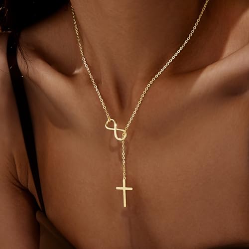 Cross Necklace for Women 14K Gold/Silver Plated Dainty Infinity Long Pendant Charm Necklace Trendy Non Tarnish Waterproof Jewelry Simple Religious Christian Baptism Faith Jewelry Gifts2