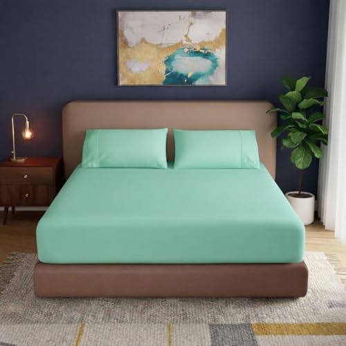 Image of 400TC 100% Egyptian Cotton Queen Fitted Bedsheet (60 x 80 inch) | All-Round Elastic | Fits Upto 12 inch Mattress | Soft & Durable | with 2 Pillow Covers | Aqua Blue Solid Bedsheet Set