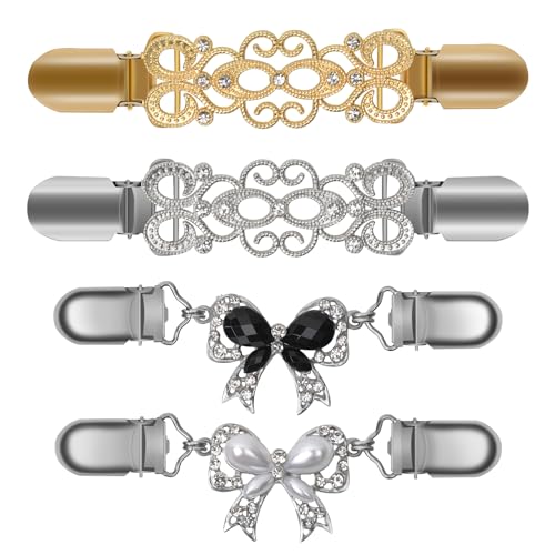 Image of 4 Pcs Vintage Sweater Clips Set, Elegant Bowknot Cardigan Clips with Pearls & Rhinestones, Retro Filigree Dress Cinch Clip Back, Aesthetic Shirt Waist Tightener for Women Valentines Gifts