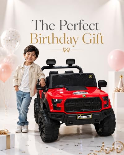 Image of Wishmaster Driving 4 Motor EV Cars for 1, 2, 3, 4, 5, 6, 7, 8 Years Boys & Girls | Remote + Steering + Mobile App Control | Kids Jeeps (Medium Size F-Raptor [1-8 Year Kids])