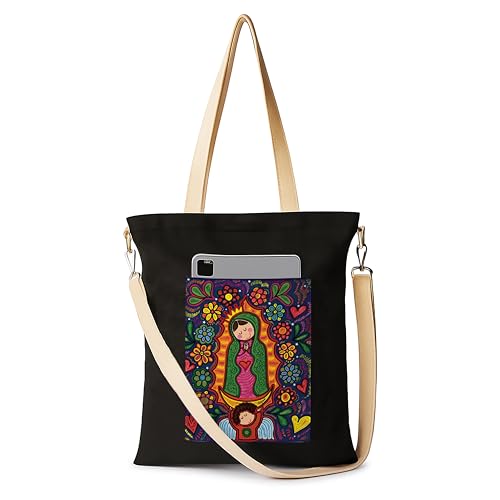 Image of ZORI Black Sling Tote Bag With Pocket and with Beige Straps, Tote Bags For Women large capacity,Tote bag For Shopping, College, Travel, More Canvas Handbag For Unisex
