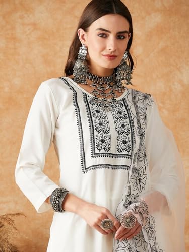 Image of SheWill Women's Floral Yoke Embroidered Thread Work Straight Kurta with Trouser & Dupatta| Kurta Set for Women| Kurta Set for Women with Dupatta| Kurti Set for Women| Kurta Plazo Set with Dupatta