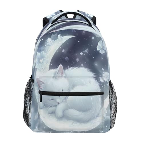 White Cat Sleeping Moon Backpack for School Boys Girls Adults Kids Bookbag Laptop Bag 18L