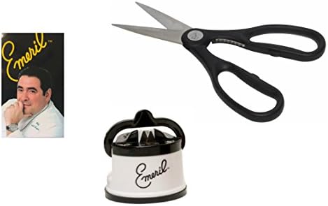 Emeril Lagasse Knife Sharpener with Suction Mount, Red, BONUS 3 Pack of Kitchen Scissors Stainless Steel Blades, Black (SINGLE + SHARPENER (WHITE))