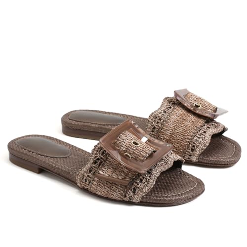 Image of ZJGZF Raffia Sandals for Women Buckle Straw flats Woven Braided Rattan Slides Summer Beach Sandals Comfort Cute Shoes