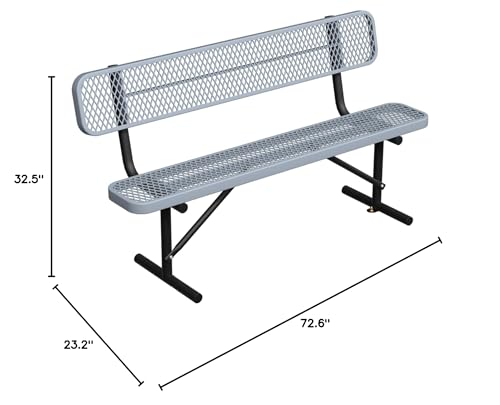Image of 6ft Gray Metal Park Bench with Backrest, Heavy Duty Outdoor Benches Weatherproof Steel Long Playground Bench Seats, Commercial Garden Benches Red Dock Benches for Lawn, Park, Deck,Patio, Porch