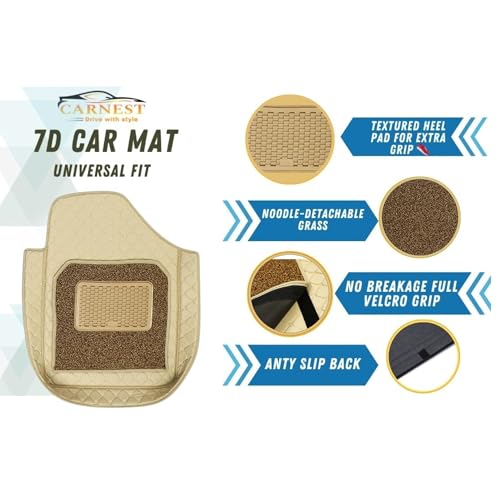Image of CARNEST 7D Buket Car Floor Mat 5Pcs Set Universal Fit | Triple Stitch Waterproof & All-Weather Anti-Slip Car Mats Compatible with - IKON,Beige