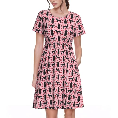 Robe d'été décontractée femme motif caniches roses manches courtes légère